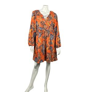 Old Navy Dress Womens‎ M Tie-Neck Tiered Floral Mini Swing Sleeve Boho Orange